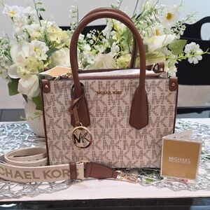 Michael Kors Beige Brown Logo Satchel with Gold Hardware